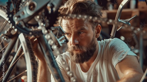 A handsome mechanic fixes bicycles in his workshop. Up close, a young man with a beard and a white t-shirt fixes a modern cycle transmission system. Bike Upkeep and the Idea of a Sport Shop