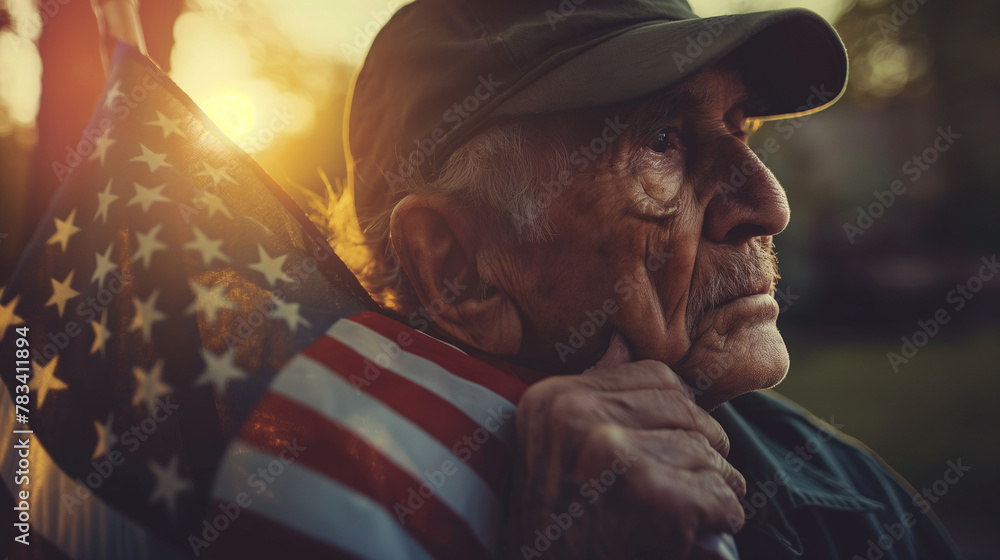 Fototapeta premium An elderly veteran holds an American flag close to his heart during a Memorial Day ceremony. The soft, natural light highlights the emotion and pride on his face, with gentle shado