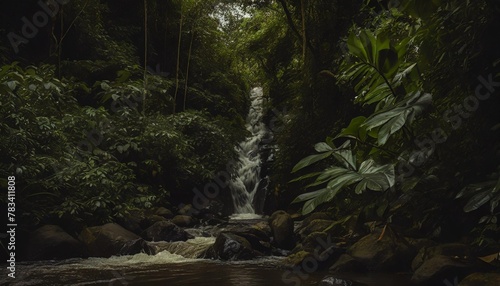 long river of the waterfall between green mountains dense rainforest with lush green foliage still life