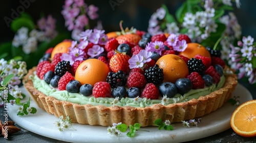   A fruit tart topped with oranges  raspberries  blueberries  strawberries  and berries