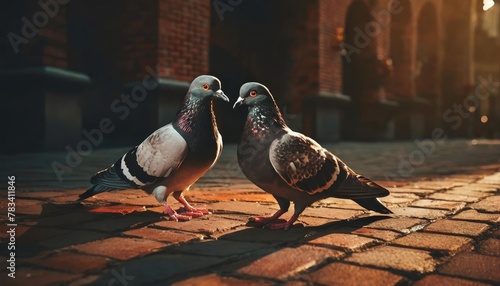 two pigeons standing on a brick sidewalk photo