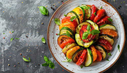 top view, classic French ratatouille with zucchini and eggplant on elegant plate © Klay