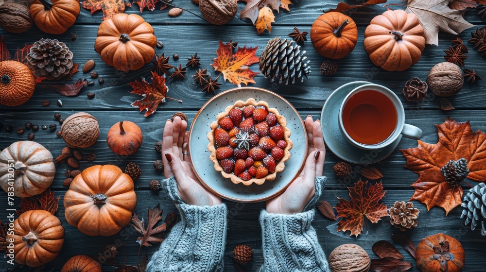 A person holds a plate bearing a pie, encircled by pumpkins, pine cones, and acorns A person holds a plate bearing a pie, encircled by pumpkins, pine cones, and acorns