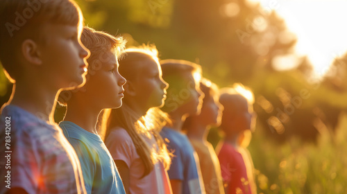A group of children singing the national anthem at a Memorial Day service, their voices carrying across the sunlit field. The soft morning light and shadows frame this moment of pa photo