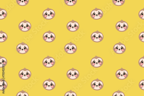 Seamless pattern with vector kawaii little brown cute sloth of face or head for kids  baby  children nursery  fabrics. Vector wallpaper flat illustration on yellow background