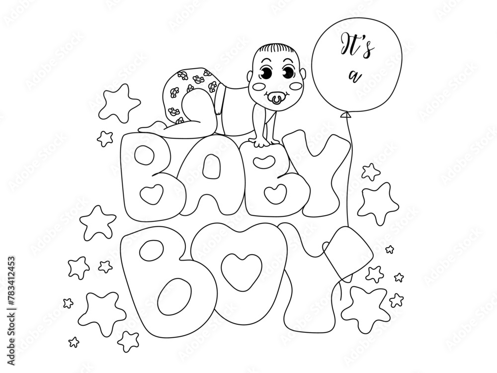 Baby boy doodle outline vector illustration. Hand drawn lettering Baby boy and illustration of cute baby boy in nappy. Design for greeting cards, baby showers, backgrounds. Baby boy doodle outline vector illustration. Hand drawn lettering Baby boy and illustration of cute baby boy in nappy. Design for greeting cards, baby showers, backgrounds.