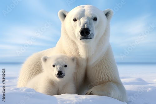 Polar bear mother and her cub on the snow in winter forest.