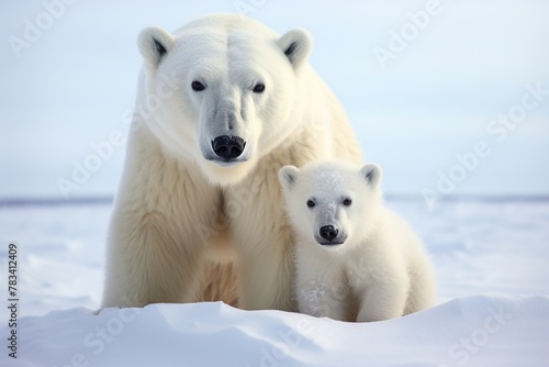 Polar bear mother and her cub on the snow in winter forest