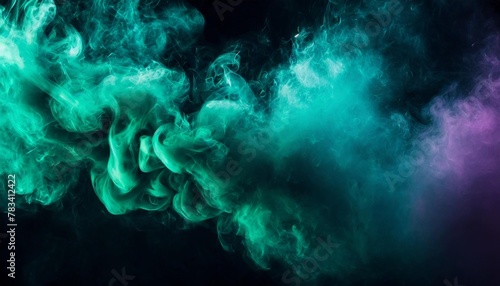 green teal and purple colors dramatic smoke and fog in contrast on a black background