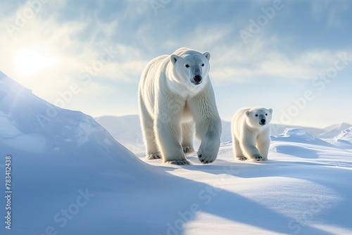Polar bear  Ursus maritimus  mother and cub on the pack ice  north of Svalbard Arctic Norway.