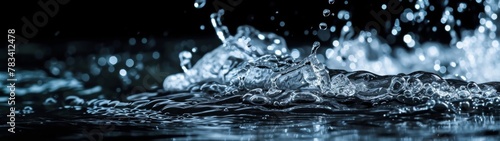 Splashes of water on a dark background. Dynamic splash of water captured mid-motion, highlighting the beauty and energy of liquid in motion. Dark background accentuates the clarity and brilliance.