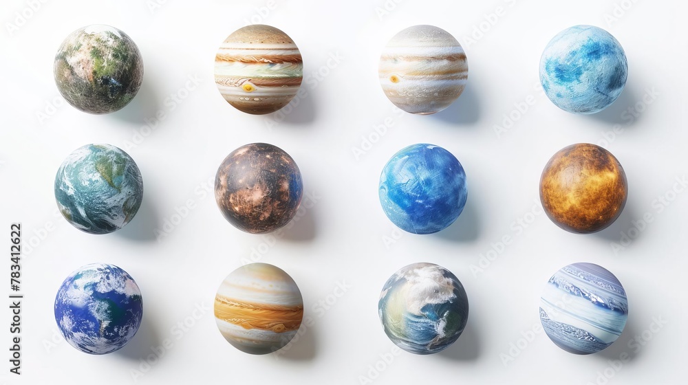 set of realistic planets isolated on white background including earth jupiter saturn and neptune 3d space renderings