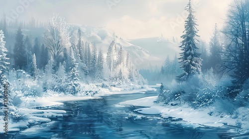 serene winter landscape featuring a wild river winding through a snowcovered forest a symbol of natures enduring beauty digital painting © Bijac
