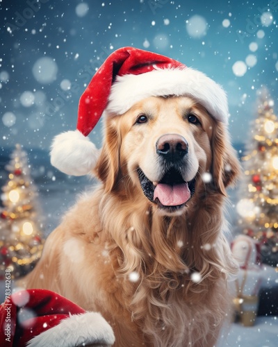 Golden Retriever dog wearing santa claus christmas hat.