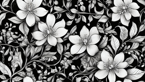 Delicate zentangle jasmine seamless pattern, with intricate flowers and swirling vines.