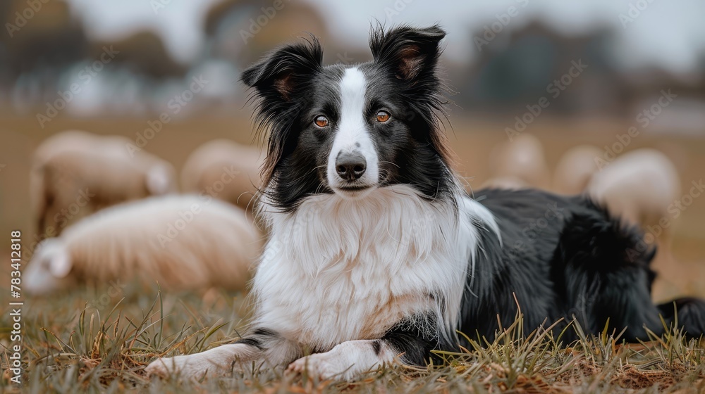   A black-and-white dog sits in grass, surrounded by a herd of sheep behind him on a cloudy day