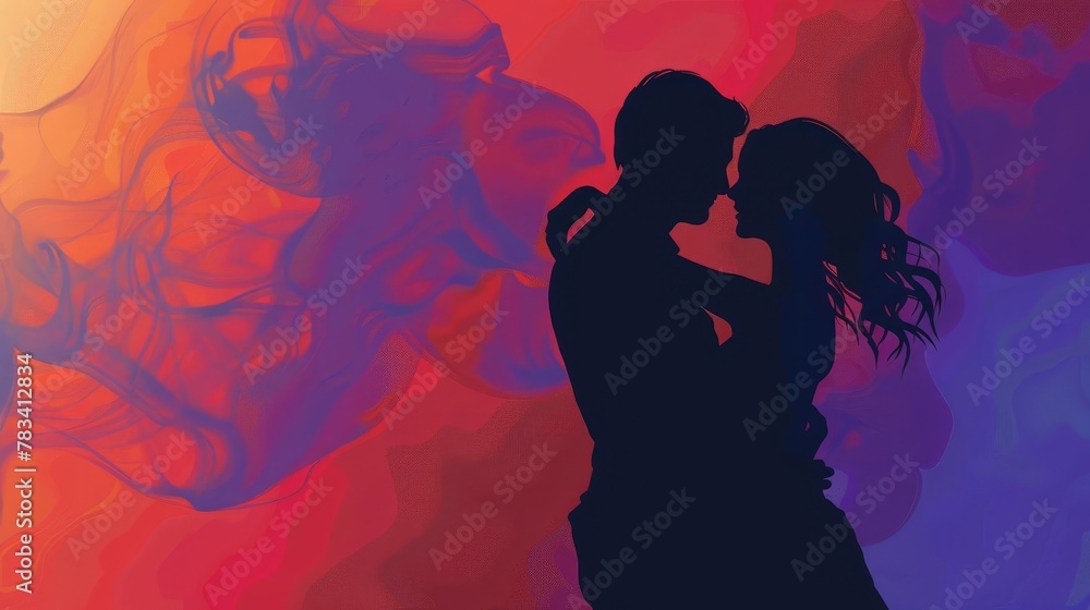 silhouette of young couple dancing passionately against colorful dramatic background romance concept illustration
