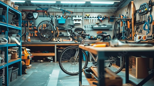 Inside a contemporary bike shop or garage outfitted with a wide range of high-end tools and machinery. bike maintenance, upgrades, and repairs. Broken cycling wheel  installed, or fixed photo