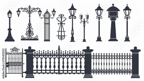 fence featuring gates, lanterns, pointers, and signboards. Metal doors, street lights, and retro-style signage. exquisite and well-crafted forged design components. solitary silhouette. Vector
