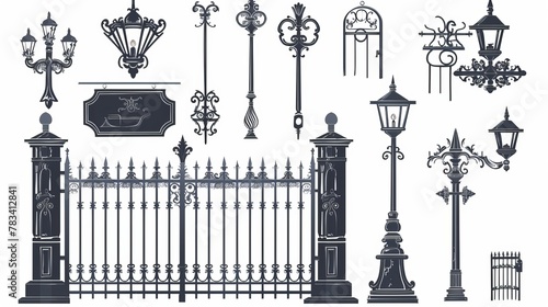 fence featuring gates, lanterns, pointers, and signboards. Metal doors, street lights, and retro-style signage. exquisite and well-crafted forged design components. solitary silhouette. Vector