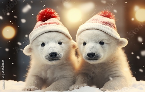 Two cute white polar bear cubs in red hats sitting on snow