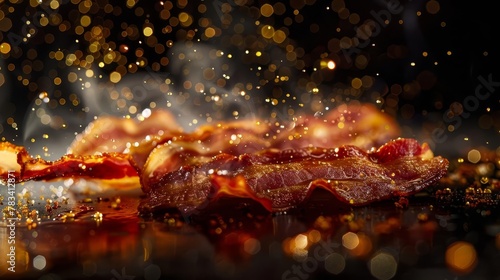 sizzling bacon strips with grease droplets and oil splashes crispy breakfast meat food photography