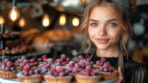   A woman holds a plate bearing cupcakes topped with raspberries  accompanied by muffins in a nearby bunch