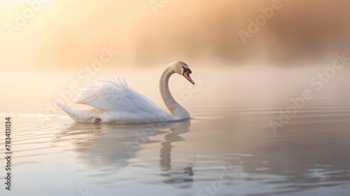 Graceful White Swan Gliding on Tranquil Lake at Dawn © AnimalAI