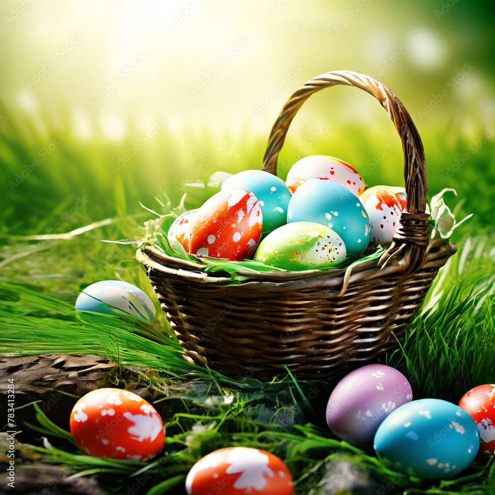 Creative poster for easter eggs with a basket of easter eggs happy eater day theme Creative poster for easter eggs with a basket of easter eggs happy eater day theme