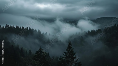 mystical rising fog in the black forest of germany dark and moody landscape panorama © Bijac