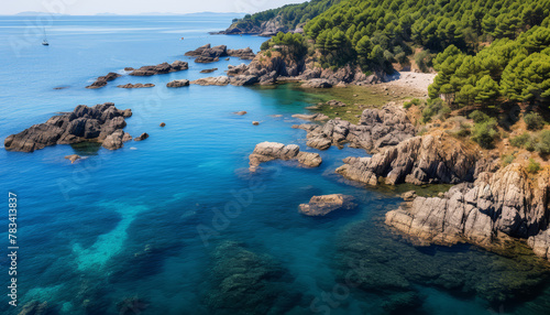 Aerial view of a mediterranean paradise coast with rocks and thick vegetation. Rocky shore with green trees, turquoise blue calm water on sunny day. Summertime, documentary travel, holidays.