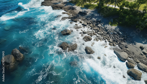 Aerial view of a mediterranean paradise coast with breaking waves on the shore, rocks and vegetation. Rocky shore with green palms, turquoise blue water on sunny day. Summertime, documentary travel.