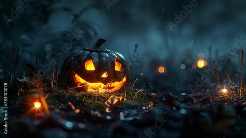 ominous pumpkin glowing in the darkness spooky halloween scene eerie lighting digital art