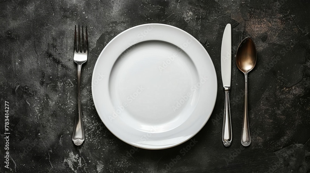overhead view of empty white plate and silver cutlery on dark concrete table food photography background overhead view of empty white plate and silver cutlery on dark concrete table food photography background
