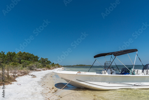 Obraz na plátne A boat pulled up on the shore on a beautiful Summer day