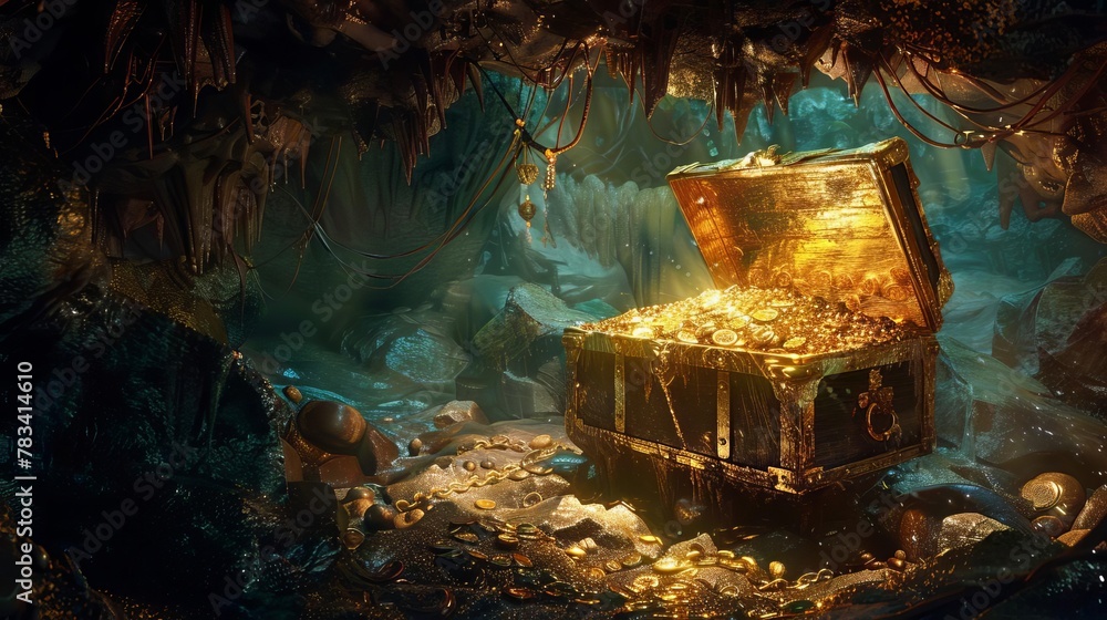 Naklejka premium pirate treasure chest overflowing with gold and jewels in a dark cave digital illustration
