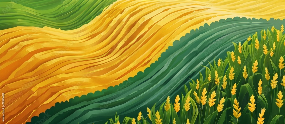 Naklejka premium Field filled with golden wheat intersected by a lively green wave, creating a beautiful scene of nature