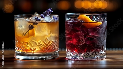   Two glasses  one with a drink each  rest atop a weathered wooden table A third glass holds ice and an orange slice nearby