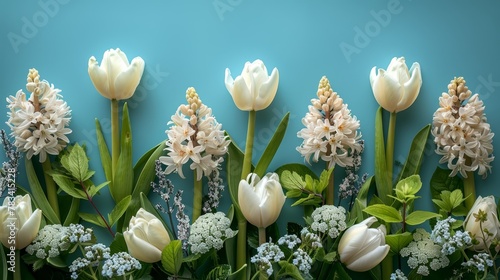   A collection of white tulips and baby's breath against a blue backdrop; baby's breath flowers interspersed