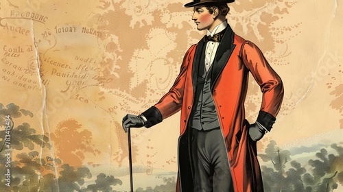 regency era gentleman wearing top hat suit vest and long jacket vintage fashion illustration photo