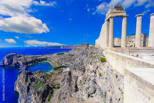 Lindos, Rhodes island: Overview of Temple of Athena Lindia in a sunny day, Dodecanese Islands