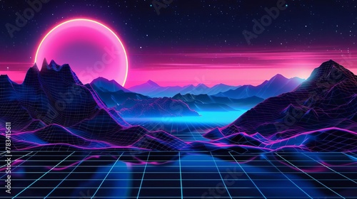 retro 80s synthwave neon grid landscape with sun and mountains futuristic digital illustration photo