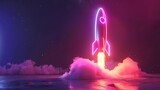 rocket launch with neon lights in night sky startup business concept 3d illustration