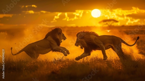 Majestic Lion Duo in Fierce Battle at Sunset