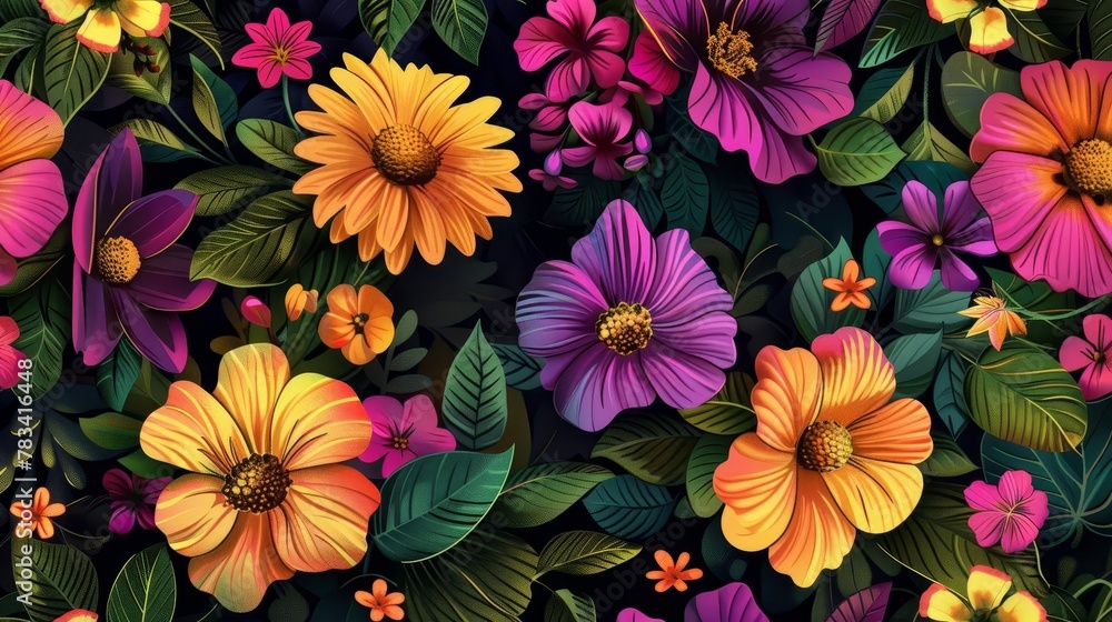 seamless pattern of vibrant flowers and leaves on black floral design