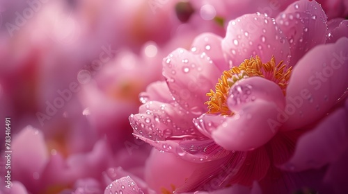   Close-up of a pink flower with dewdrops and a yellow stamen in its center
