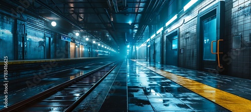Exploring the Haunting Beauty of a Forgotten Subway Platform: Dimly Lit Corridors, Flickering Lights, and Echoes of the Past Beckon Exploration and Reflection