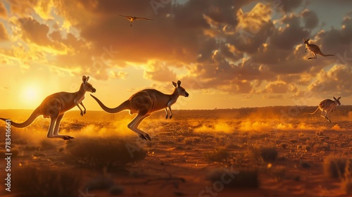 Australian Outback Sunset with Kangaroos Hopping © AnimalAI