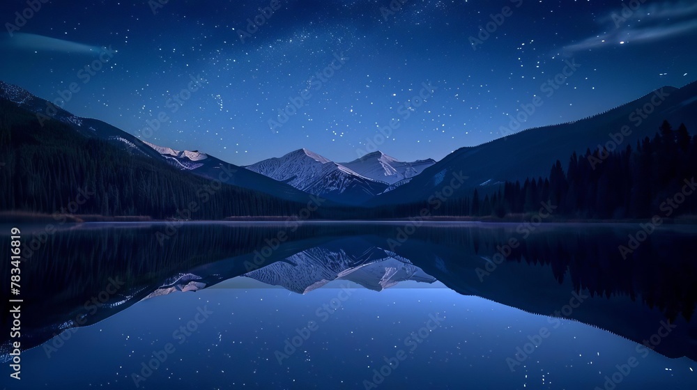 serene mountain lake at twilight with starry sky reflection peaceful landscape photo