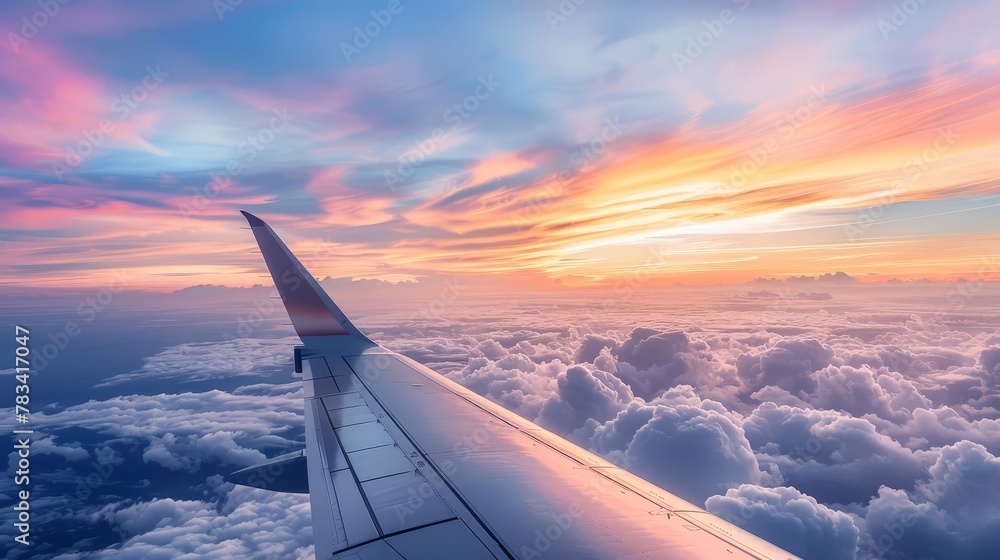 serene sunset skies aerial window seat view of horizon and clouds - obrazy, fototapety, plakaty 
